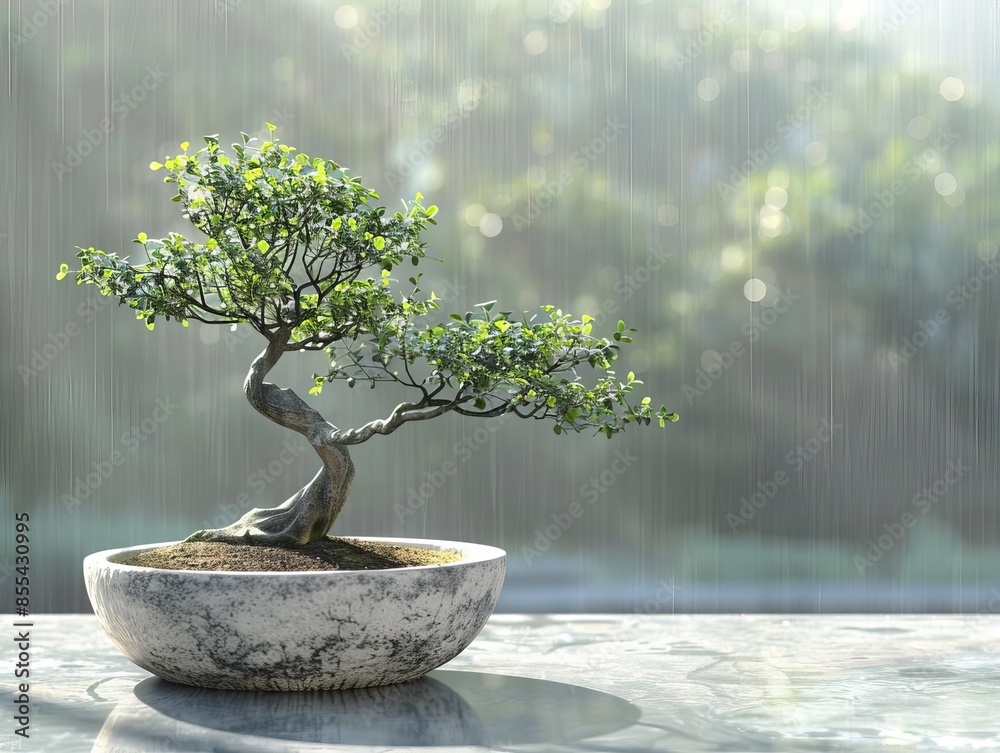 Zen bonsai tree in a simple, elegant pot, with meticulous pruning and a serene backdrop