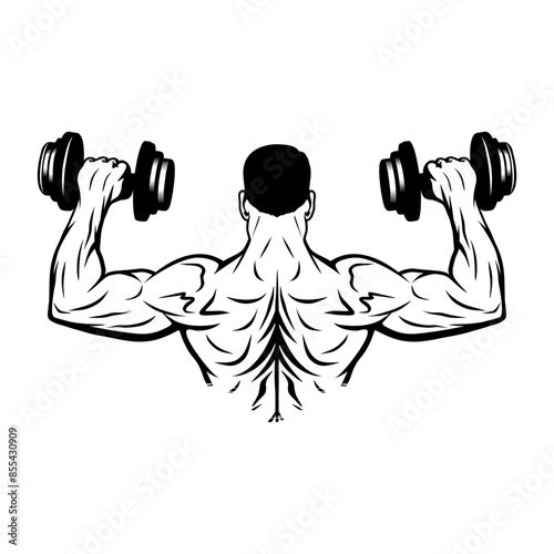 muscular man rear view lifting barbell in right and left hand black and white vector illustration