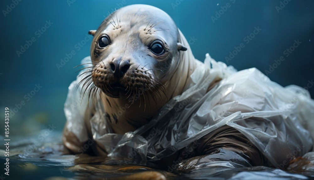 Obraz premium A close-up photo of a sea lion entangled in netting and plastic, with visible sadness and wet fur.