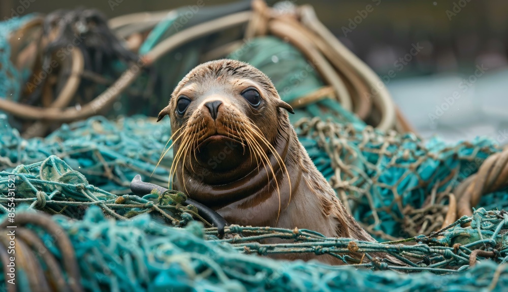 Obraz premium A young seal entangled in a mix of fishing nets and ropes. The seal's expressive eyes and whiskers are in focus, while the blurry background shows a chaotic array of discarded marine debris