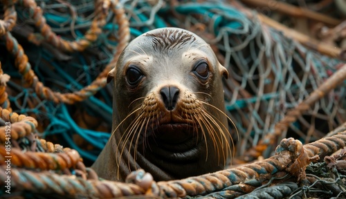 A sea lion surrounded by tangled fishing nets and ropes, highlighting the impact of marine debris and pollution.