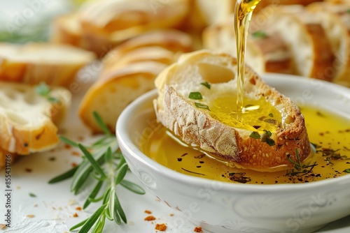 Close-up of dipping bread in olive oil