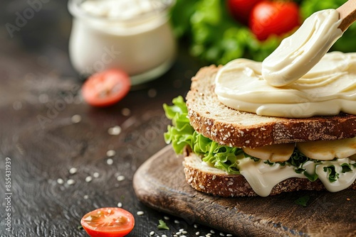 spreading mayonnaise on a sandwich