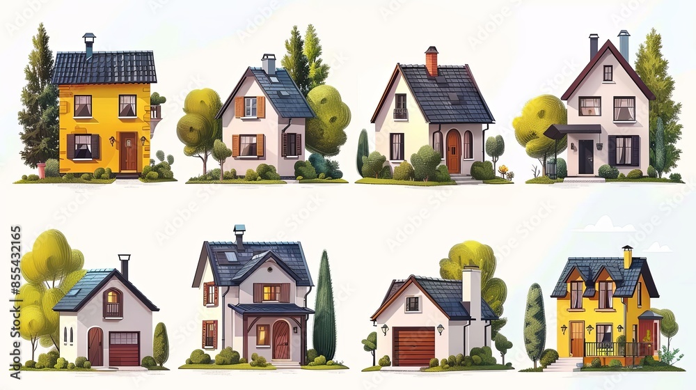 Fototapeta premium Property search abstract concept. Set of men and women choosing apartment on real estate website, checking house and concluding purchase, mortgage or rent agreement. Cartoon flat vector collection