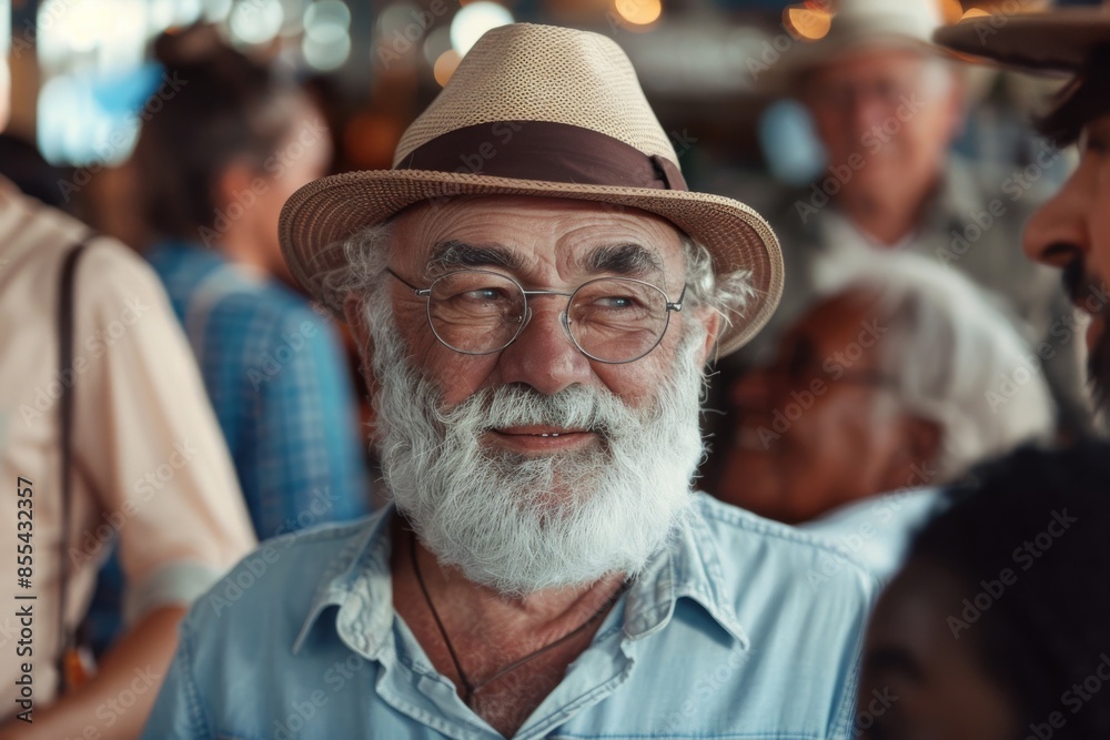 Portrait of senior man with white beard and hat in a cafe. Portrait of senior man with white beard and hat in a cafe.