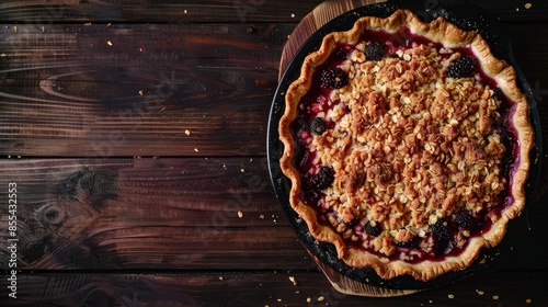 Homemade dessert Black currant crumble pie made with oats Fruitful summer pie captured from above photo