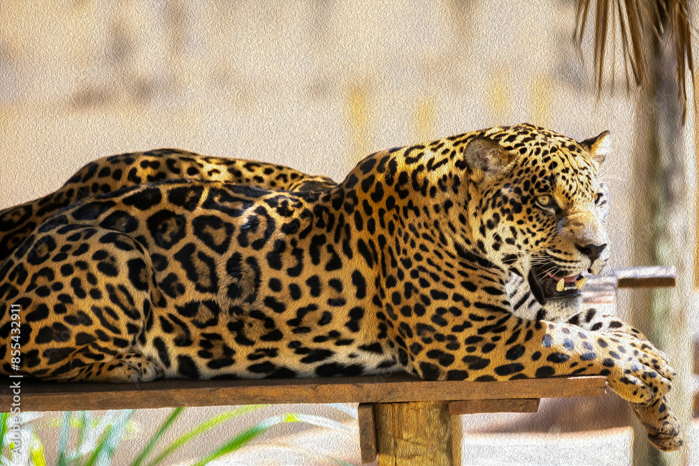 Naklejka premium Beautiful Brazilian wild jaguar with oil painting effect