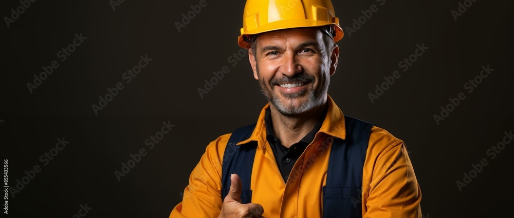 A smiling construction worker giving a thumbs-up gesture, wearing a yellow hard hat and orange safety vest with black background. A smiling construction worker giving a thumbs-up gesture, wearing a yellow hard hat and orange safety vest with black background.