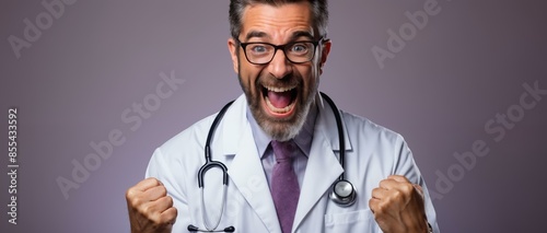 A joyful doctor celebrating with clenched fists.