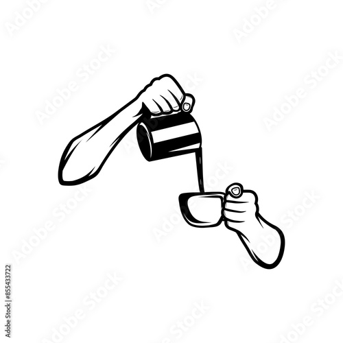 hand pouring drink into cup black and white vector illustration