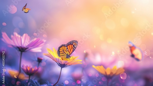 Wallpaper Mural Field of colorful cosmos flower and butterfly in a meadow in nature in the rays of sunlight in summer in the spring close-up of a macro. A colorful artistic image with a soft focus, beautiful bokeh Torontodigital.ca