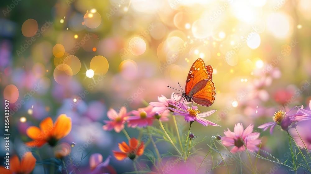 Field of colorful cosmos flower and butterfly in a meadow in nature in the rays of sunlight in summer in the spring close-up of a macro. A colorful artistic image with a soft focus, beautiful bokeh Field of colorful cosmos flower and butterfly in a meadow in nature in the rays of sunlight in summer in the spring close-up of a macro. A colorful artistic image with a soft focus, beautiful bokeh