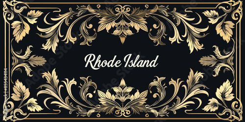 Rhode Island ornate design with gold floral pattern, black background, elegant vintage artwork, Adobe Stock