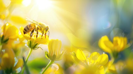 Tableau sur plexiglas Jaune Bee and flower. Close up of a large striped bee collects honey on a yellow flower on a Sunny bright day. Macro horizontal photography. Summer and spring backgrounds  © Achmad Khoeron