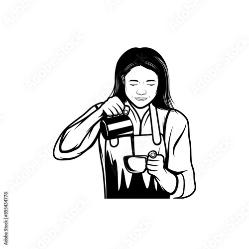 female barista with long hair pouring drinks from a black and white cup container vector illustration