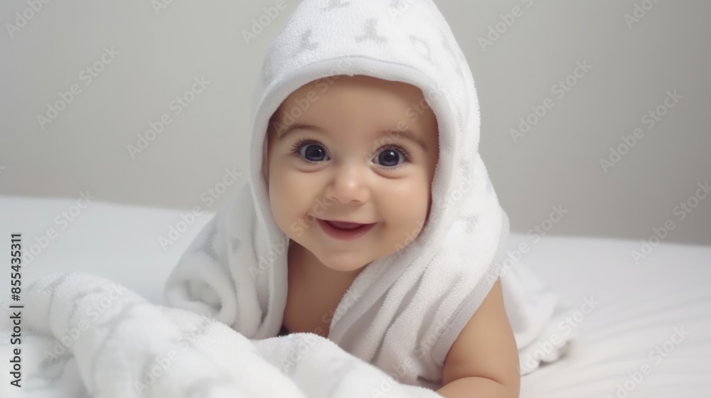 A baby is laying on a bed with a white blanket A baby is laying on a bed with a white blanket