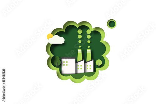 Green Industry. CO2 Emission, Reduction, neutrality concept. Air pollution protection. Ecology and Environment concept. Paper Art Vector Illustration.