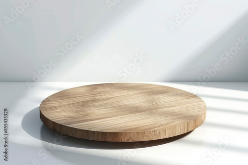 Empty beautiful round wood table top counter on interior in clean and bright with shadow background, Ready,white background, for product montage - generative ai