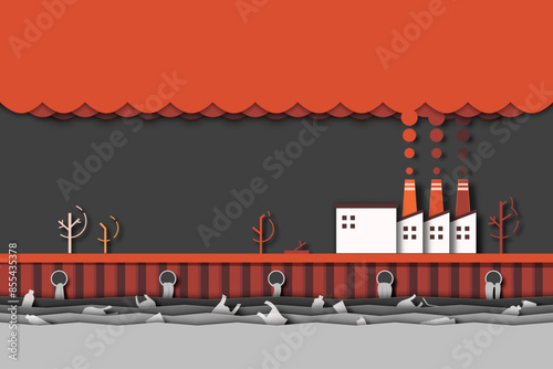 Air pollution from Industry. CO2 Emission, Reduction, neutrality concept. Ecology and Environment concept. Paper Art Vector Illustration.