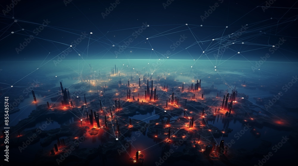 Aerial view of a futuristic city at night connected with glowing network lines depicting digital connectivity and modern urban architecture. Aerial view of a futuristic city at night connected with glowing network lines depicting digital connectivity and modern urban architecture.