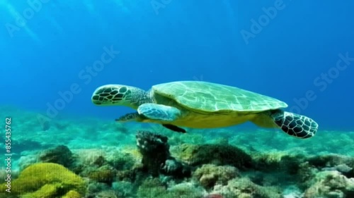 view of the surface and sunlight Green Turtles swimming in the shallow waters of the coral reef