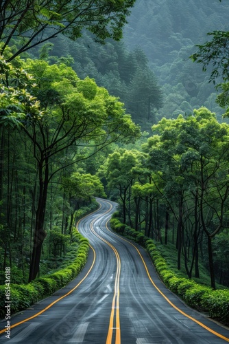 The road is surrounded by green trees. The road is wet from the rain.