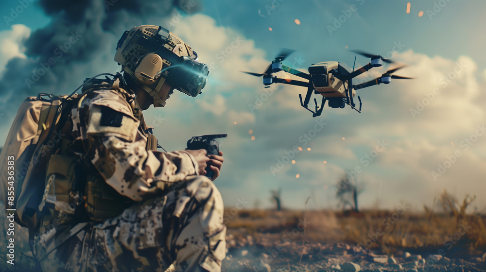 Fototapeta premium 戦場でドローンを操作する兵士のドローン戦「AI生成画像」
