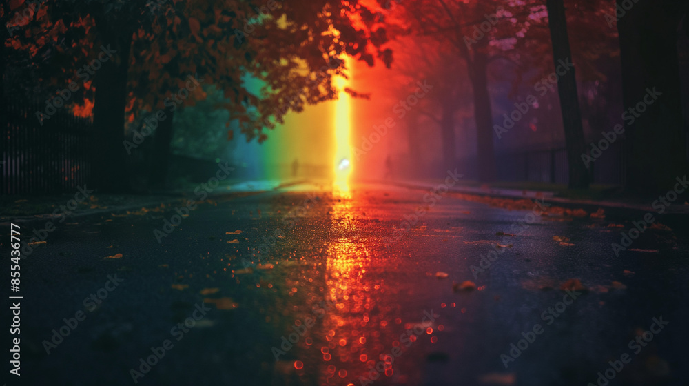 Photograph of the luminous rainbow park on black background, very small and blurry in center of frame, textured and grainy Photograph of the luminous rainbow park on black background, very small and blurry in center of frame, textured and grainy