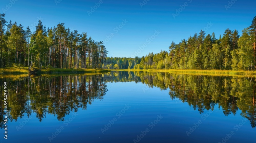 A tranquil body of water mirroring a wooded area under a clear blue sky A tranquil body of water mirroring a wooded area under a clear blue sky