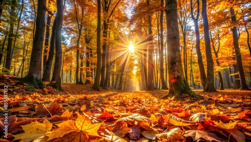 A natural landscape of the autumn season, with a forest floor covered in fallen leaves and the autumn sun filtering through the tree leaves - a seasonal background for autumn.