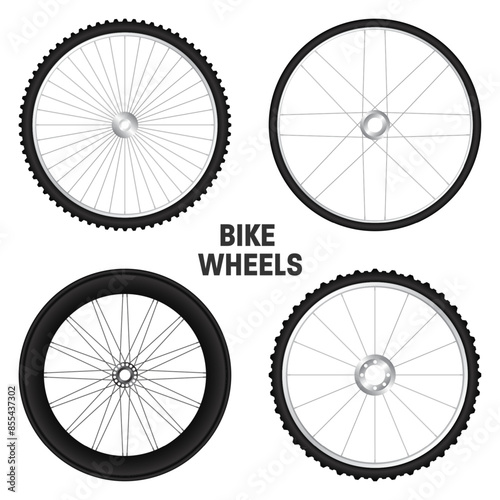 Realistic 3d bicycle wheels. Bike rubber tyres, shiny metal spokes and rims. Fitness cycle, touring, sport, road and mountain bike. Vector illustration