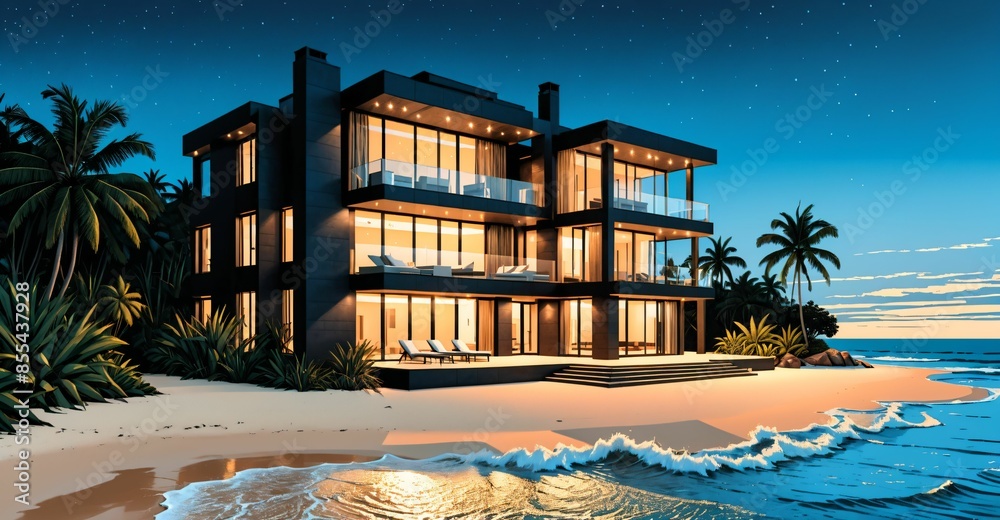 Fototapeta premium mansion house on tropical beach at night. modern home exterior beachfront property on seashore next to ocean sea water.