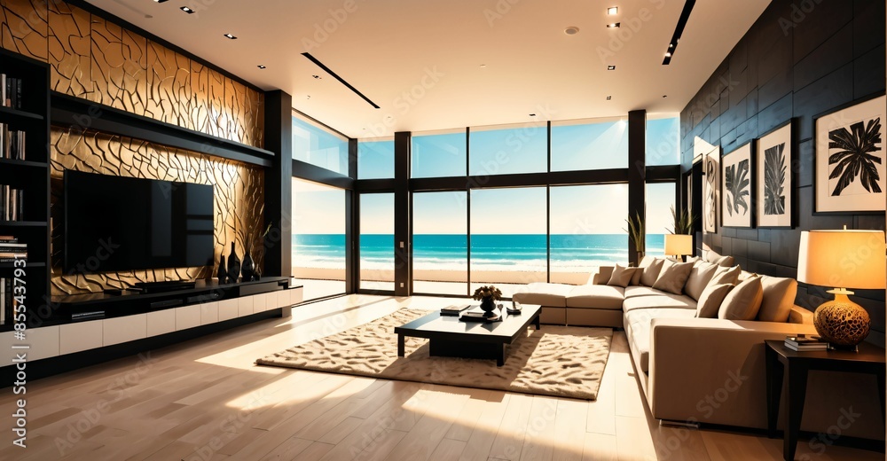 modern living room interior in beachfront mansion house estate on the ...
