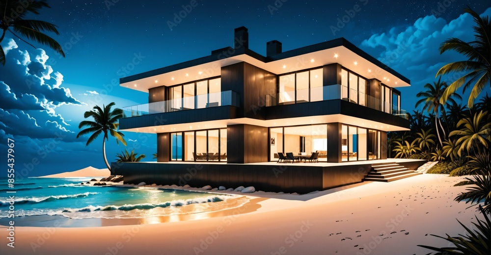 Fototapeta premium mansion house on tropical beach at night. modern home exterior beachfront property on seashore next to ocean sea water.