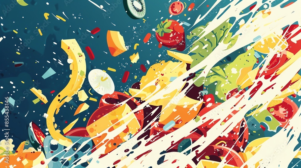 Crazy food fight, flat design, side view, chaotic mess, animation, Splitcomplementary color scheme Crazy food fight, flat design, side view, chaotic mess, animation, Splitcomplementary color scheme