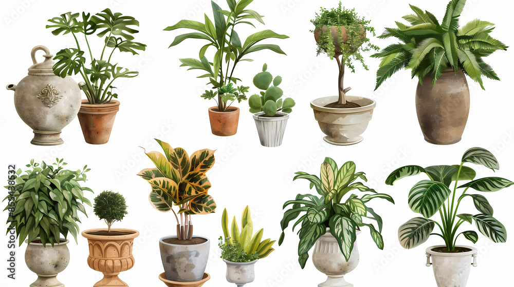 Fototapeta premium Set of different plants in pots isolated on white background illustration
