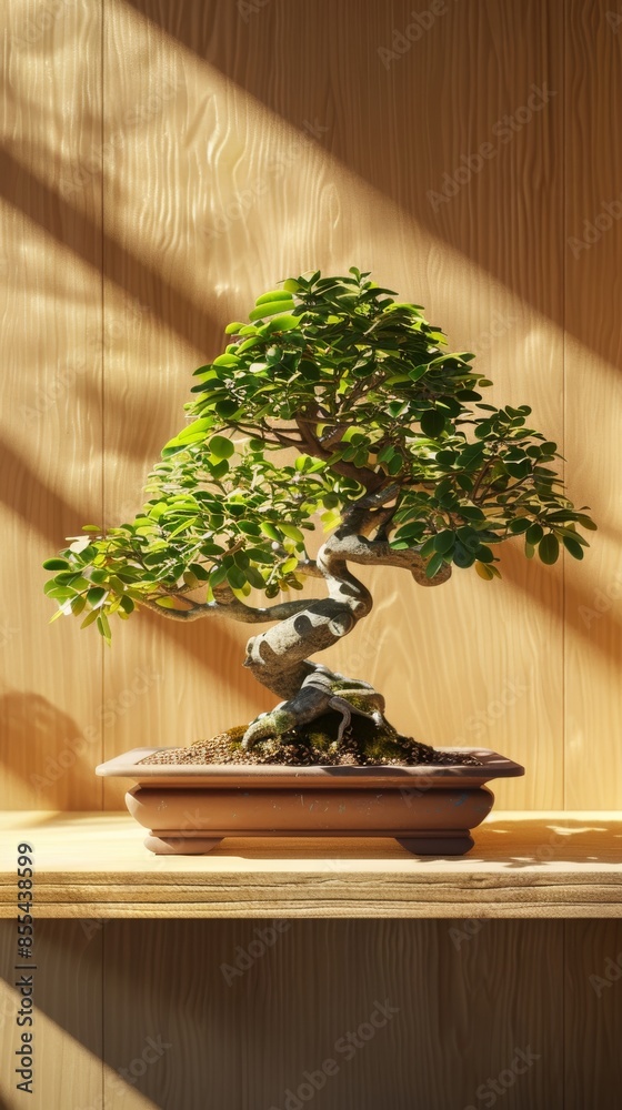 Bonsai tree in a ceramic pot placed on a wooden shelf with sunlight streaming in, artistic zen garden concept Bonsai tree in a ceramic pot placed on a wooden shelf with sunlight streaming in, artistic zen garden concept