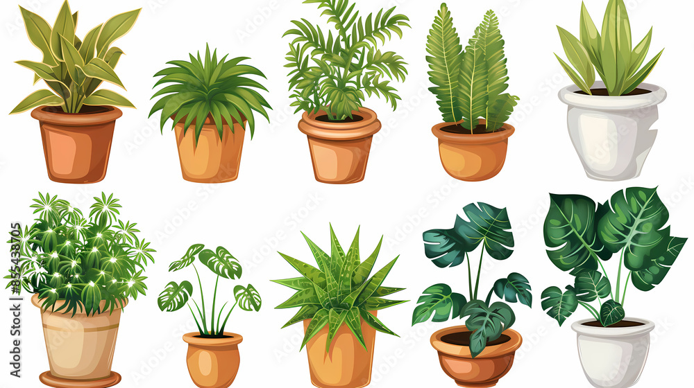 Obraz premium Set of different plants in pots isolated on white background illustration