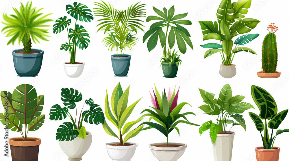 Obraz premium Set of different plants in pots isolated on white background illustration