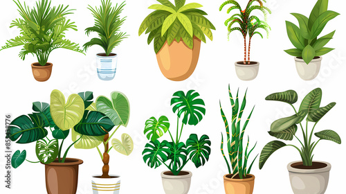 Set of different plants in pots isolated on white background illustration