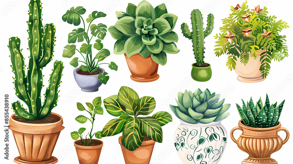 Fototapeta premium Set of different plants in pots isolated on white background illustration