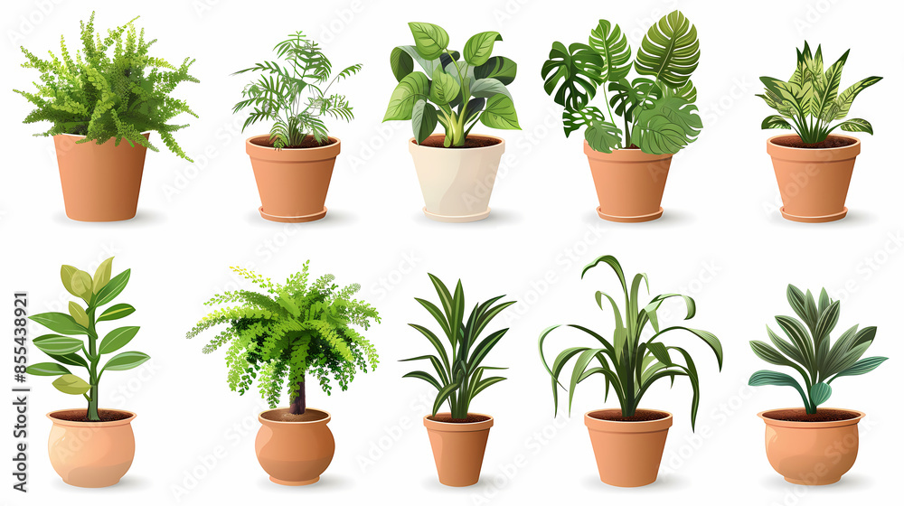 Fototapeta premium Set of different plants in pots isolated on white background illustration