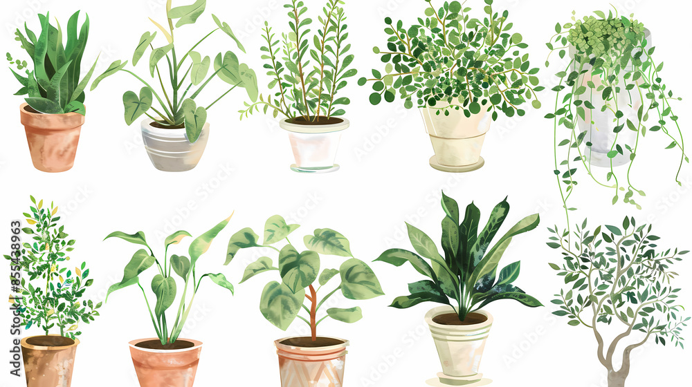 Obraz premium Set of different plants in pots isolated on white background illustration