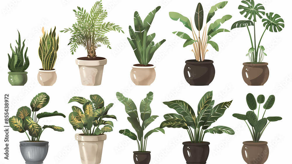 Obraz premium Set of different plants in pots isolated on white background illustration
