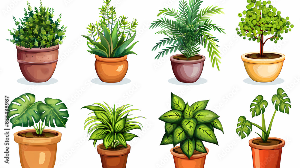 Set of different plants in pots isolated on white background illustration