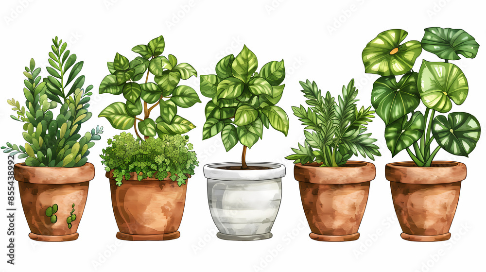 Set of different plants in pots isolated on white background illustration Set of different plants in pots isolated on white background illustration