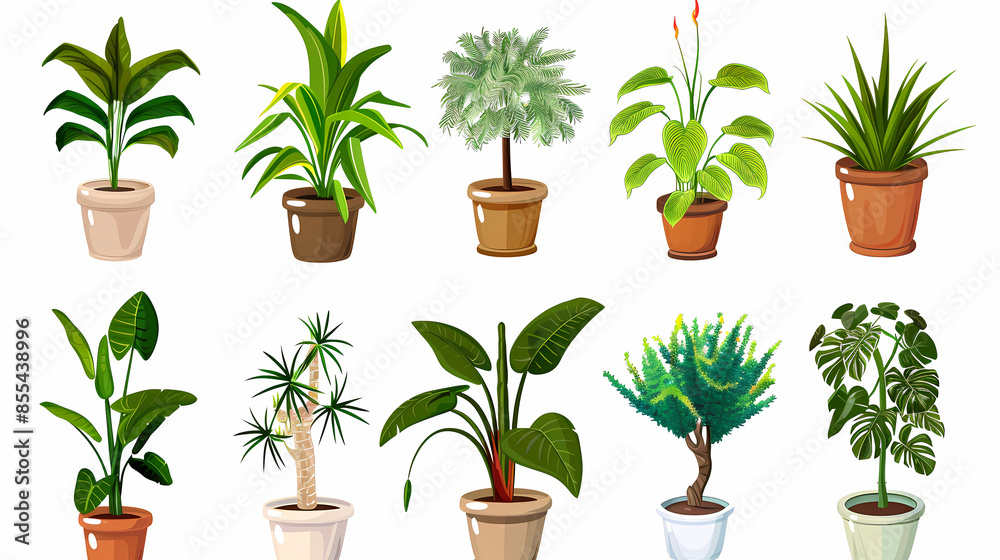 Obraz premium Set of different plants in pots isolated on white background illustration
