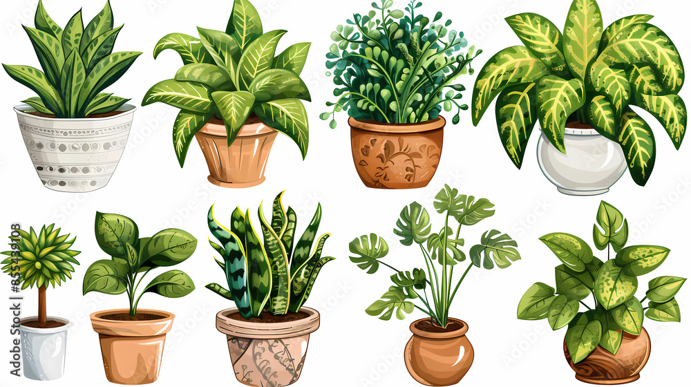 Obraz premium Set of different plants in pots isolated on white background illustration