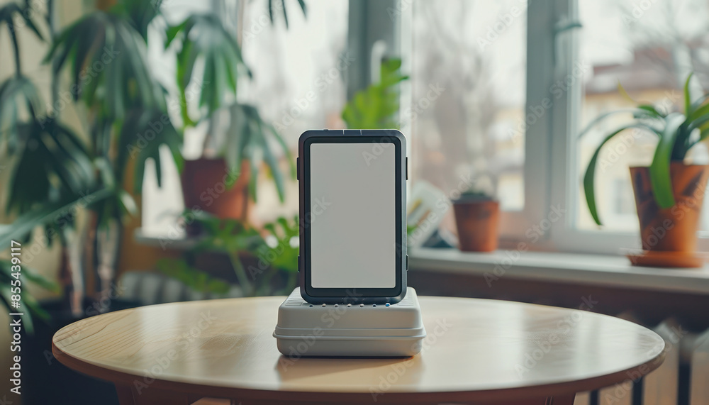 Modern Smartphone with Blank Screen on a Stack of Books in a Cozy Home Interior with Indoor Plants and Natural Light from Large Windows Modern Smartphone with Blank Screen on a Stack of Books in a Cozy Home Interior with Indoor Plants and Natural Light from Large Windows