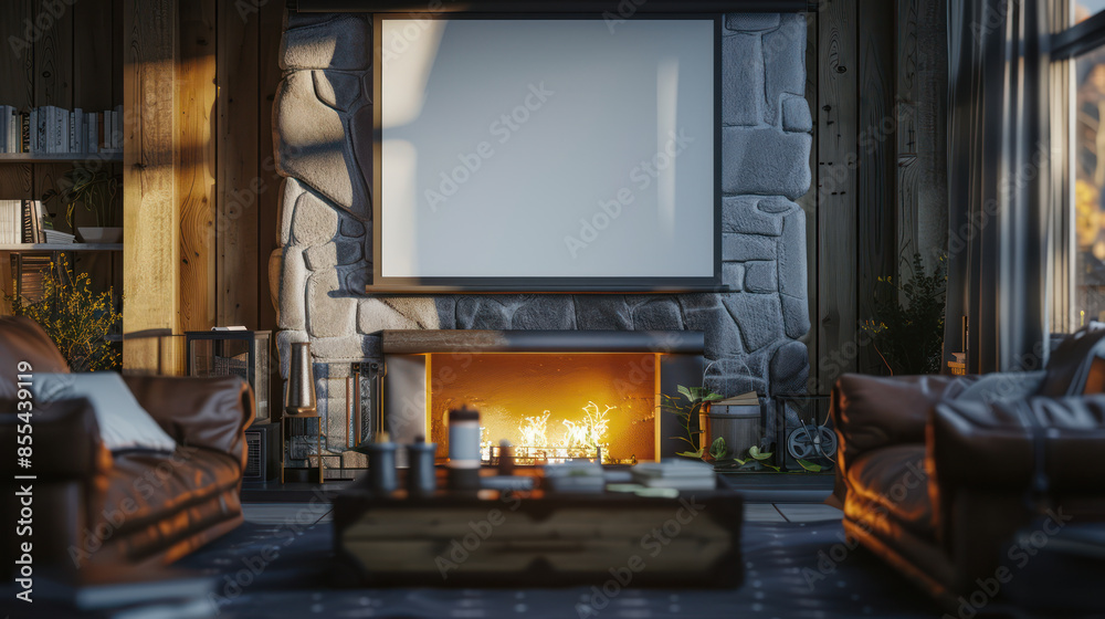 Cozy Living Room with Fireplace and Soft Leather Sofas A Warm, Elegant, and Comfortable Space for Relaxation with Bookshelves in a Rustic Cabin Setting Cozy Living Room with Fireplace and Soft Leather Sofas A Warm, Elegant, and Comfortable Space for Relaxation with Bookshelves in a Rustic Cabin Setting